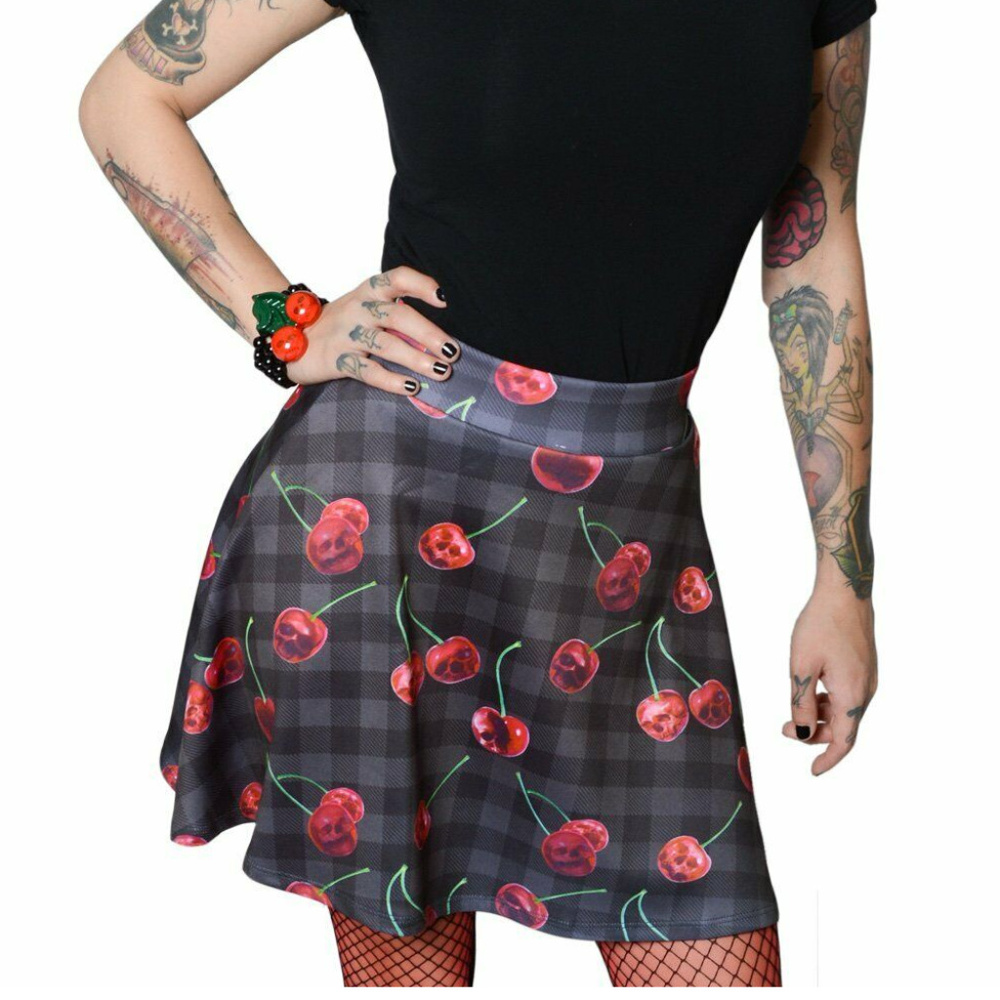 Cherry Skull Skirt XL Goth Plaid Black Red Skater